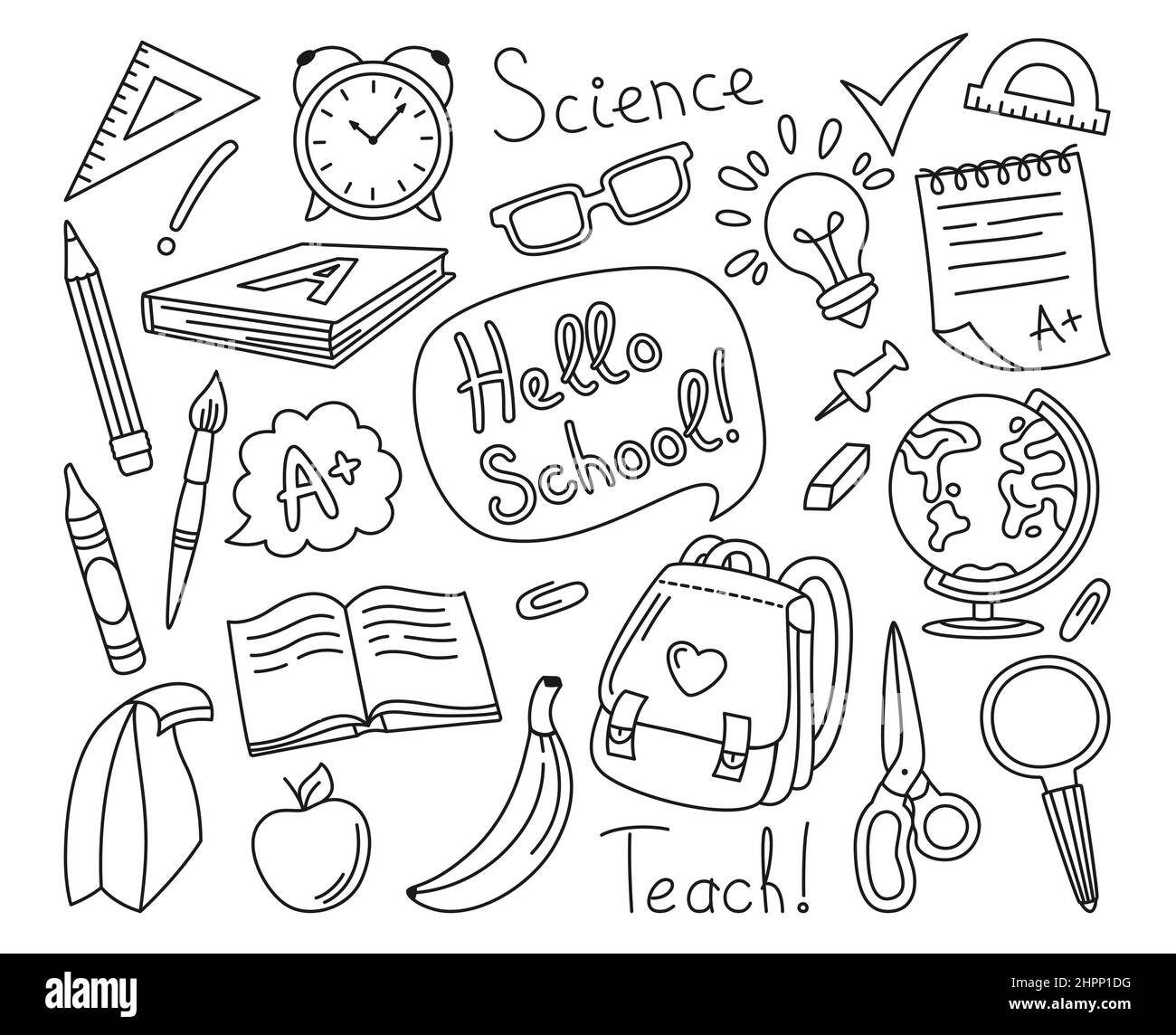 Ensemble de lignes dessinées pour les caniche de la rentrée des classes. Kit de fournitures scolaires d'apprentissage. Objets de concept éducatif pour étudiant, sac à dos en ciseaux, idée d'ampoule, réveil, déjeuner et globe, plumes, pinceau vecteur enfant Illustration de Vecteur
