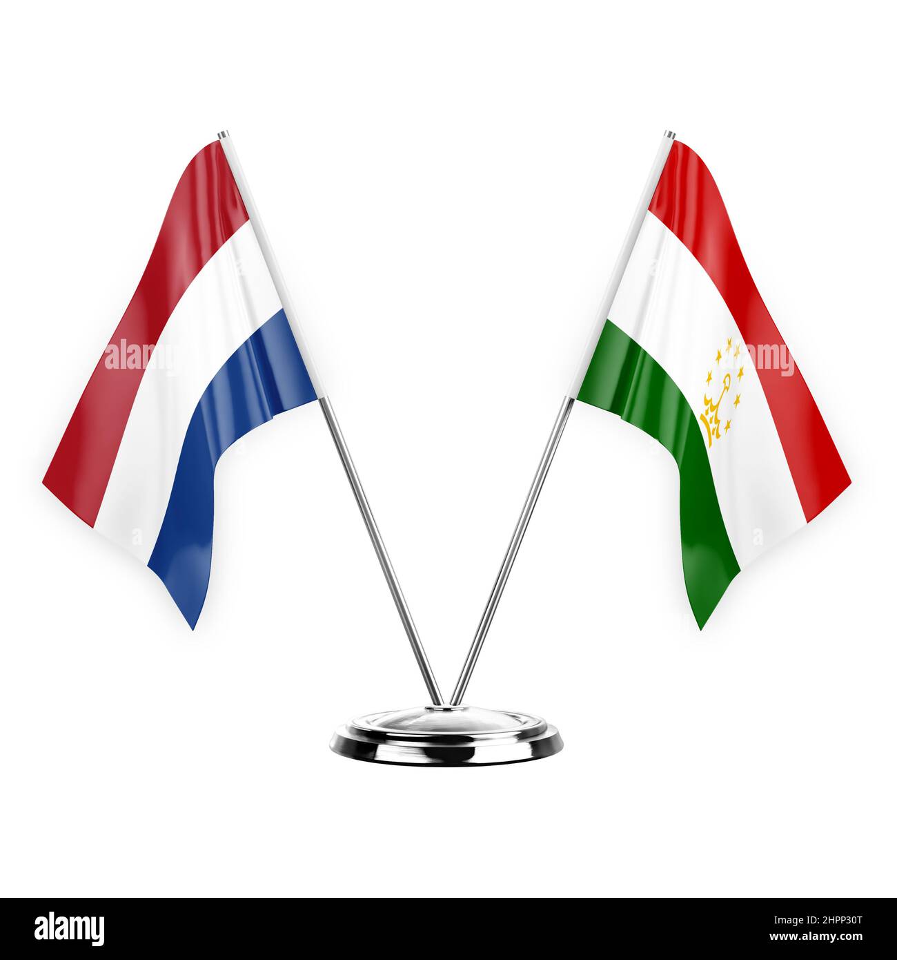 Deux drapeaux de table isolés sur fond blanc 3D illustration, pays-bas et tadjikistan Banque D'Images