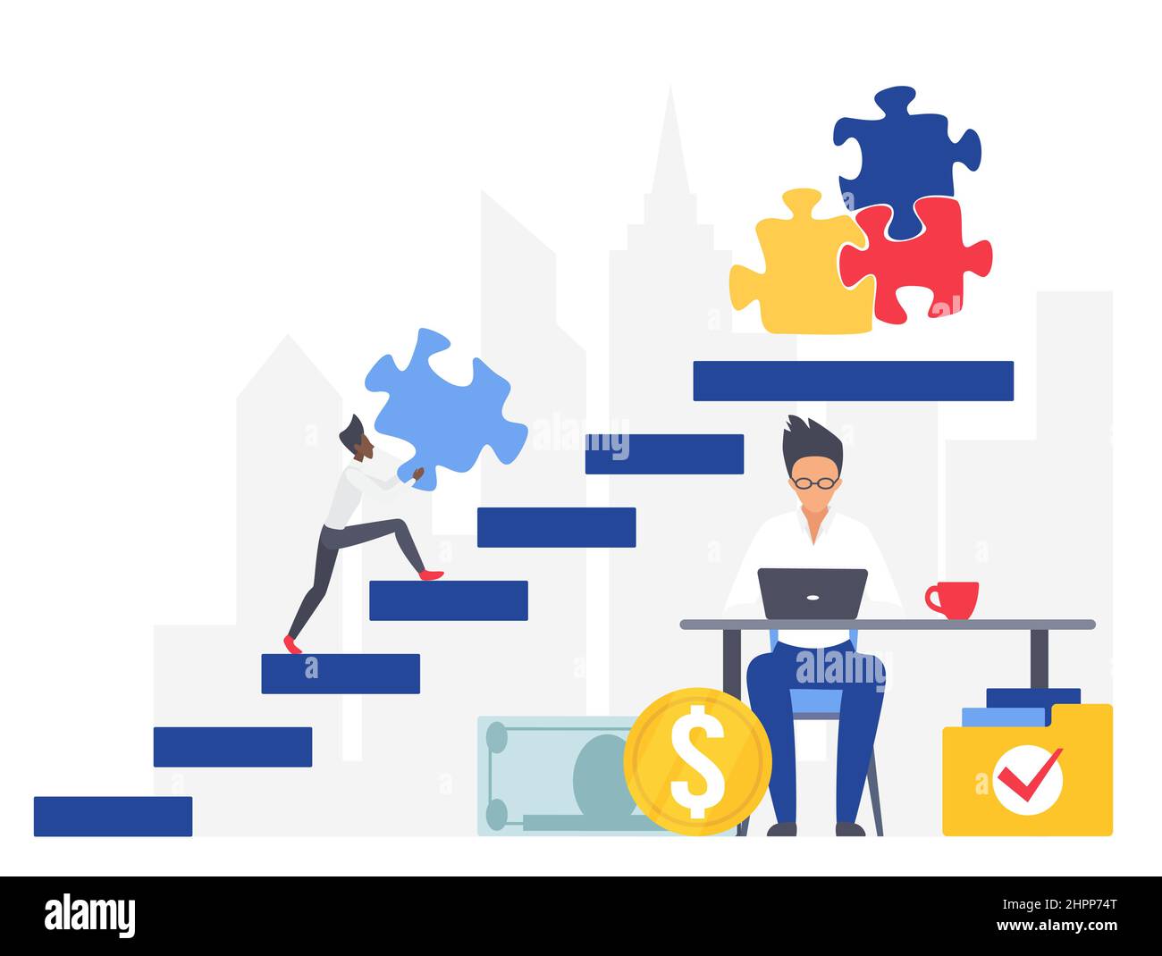 Échelle de croissance de l'entreprise avec des solutions de travail d'équipe énigmes. La nouvelle activité stratégique de l'entreprise génère plus de profits Illustration de Vecteur