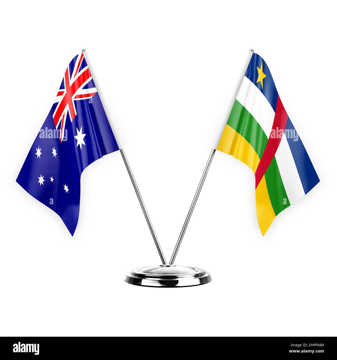 Deux drapeaux de table isolés sur fond blanc 3D illustration, australie et République centrafricaine Banque D'Images