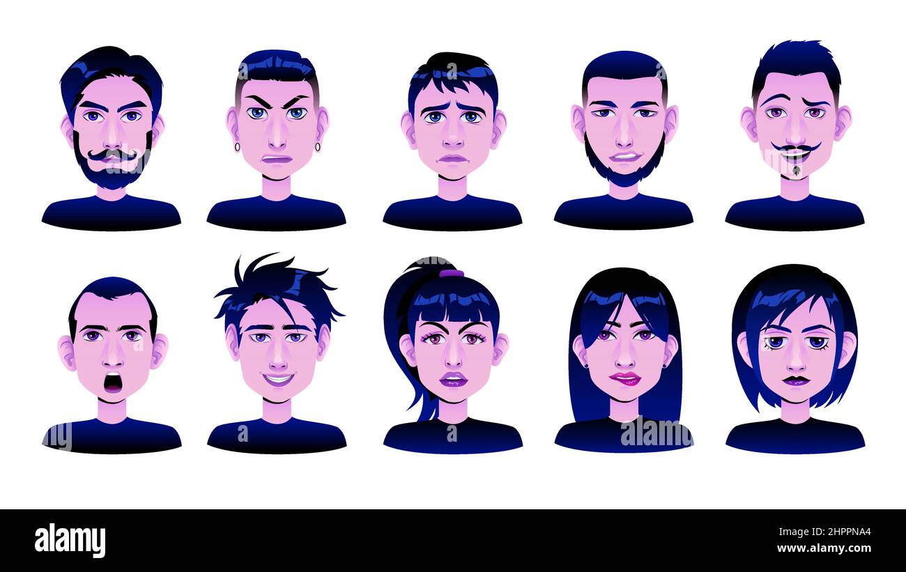Ensemble d'avatar de visages hommes et femmes avec des expressions émotionnelles. Illustration vectorielle Illustration de Vecteur