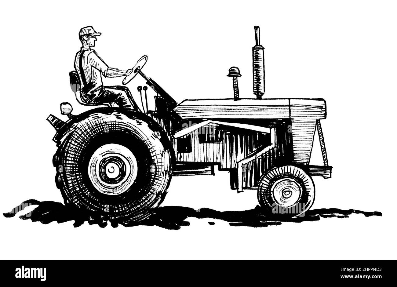 Agriculteur sur tracteur rétro. Dessin noir et blanc Banque D'Images