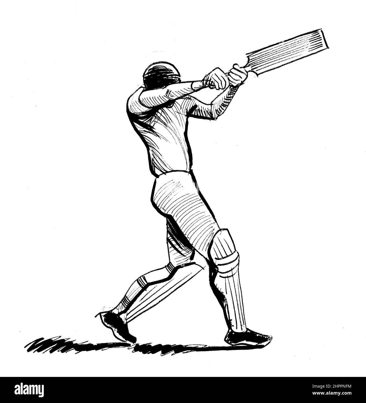 Joueur de cricket. Dessin noir et blanc Banque D'Images