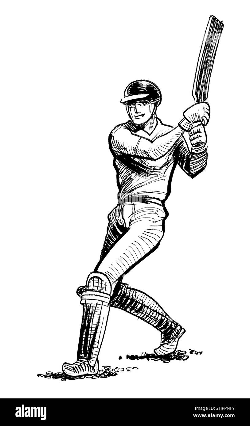 Joueur de cricket. Dessin noir et blanc Banque D'Images