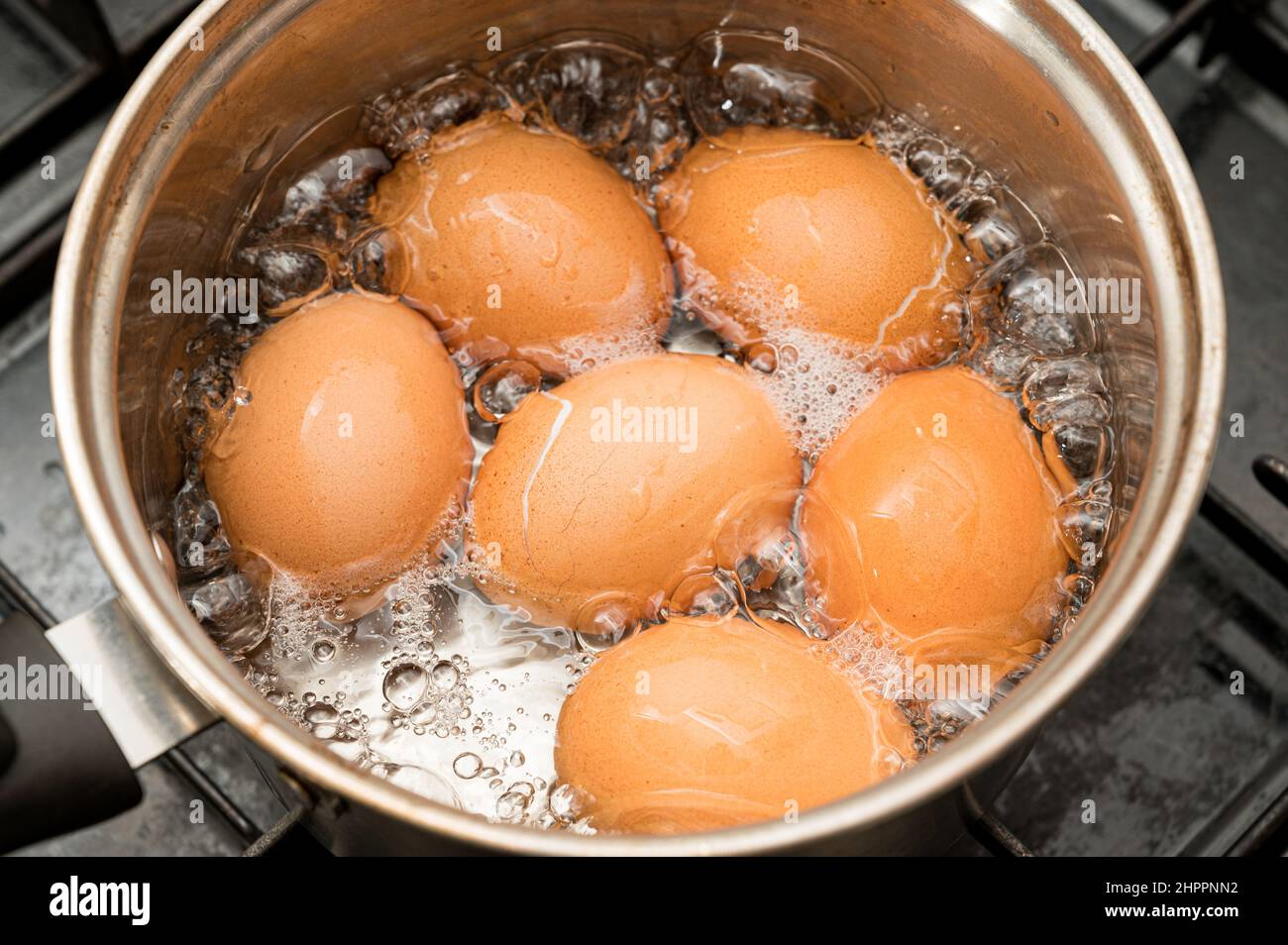 Œufs bouillis dans de l'eau bouillante dans une casserole Banque D'Images