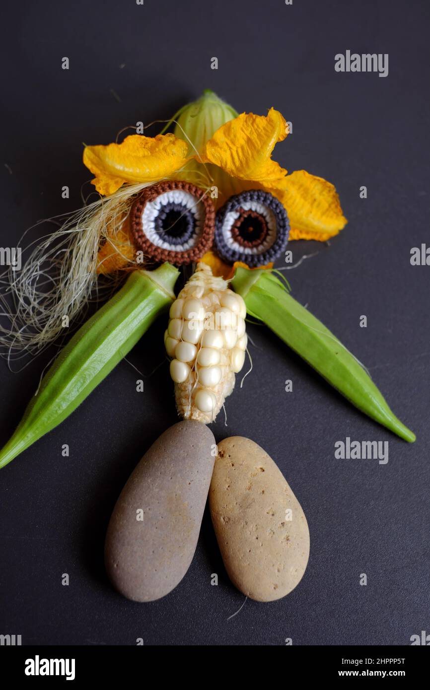 Drôle de visage mis en place de la nourriture, produit agricole de jardin sur le toit, petit maïs, fleur de citrouille, soie de maïs, fruit d'okra, cailloux et yeux crochet de Banque D'Images