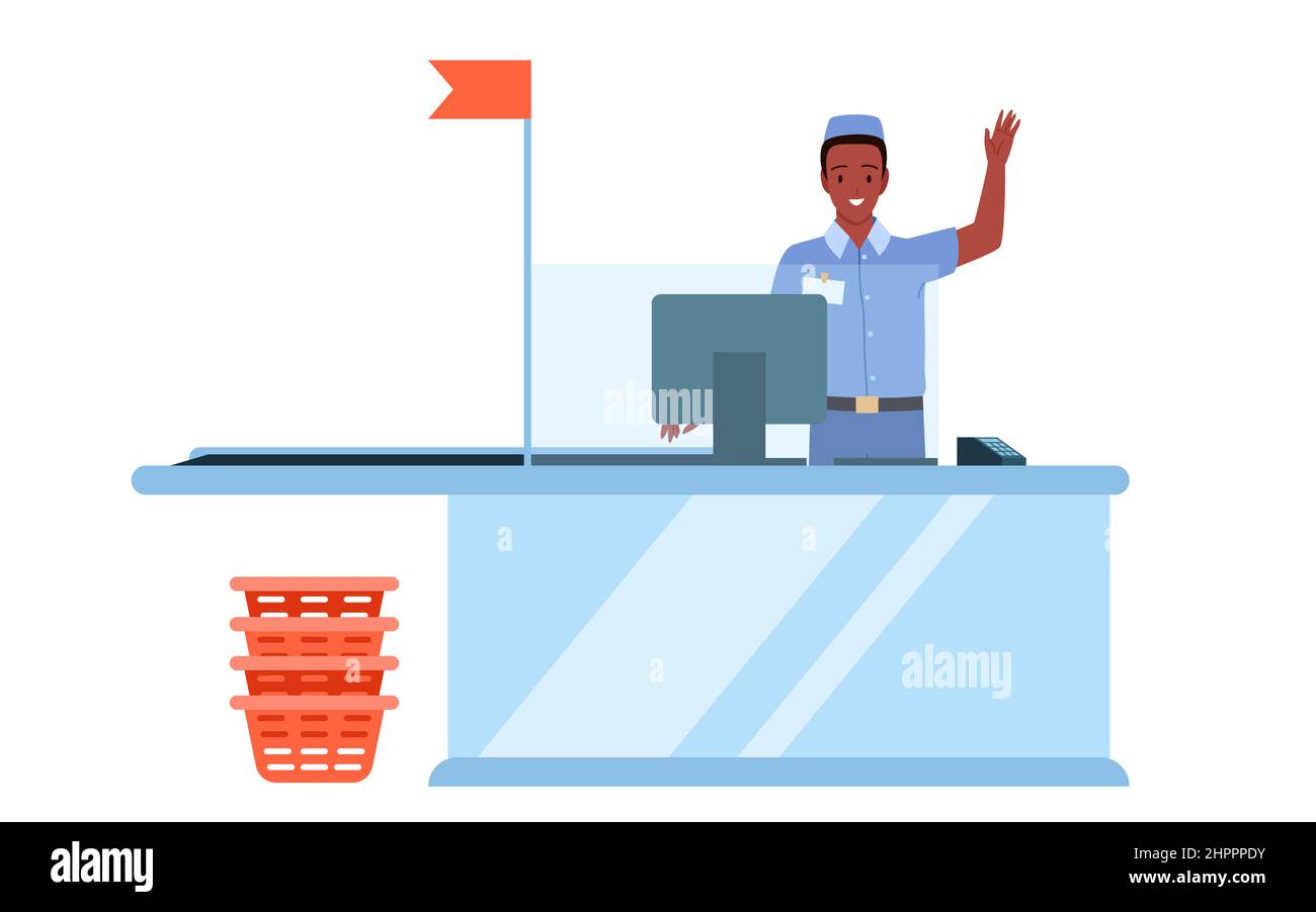 Le caissier du supermarché ou l'employé du magasin d'alimentation en uniforme bleu travaillant à la caisse Illustration de Vecteur Le caissier du supermarché ou l'employé du magasin d'alimentation en uniforme bleu travaillant à la caisse Illustration de Vecteur