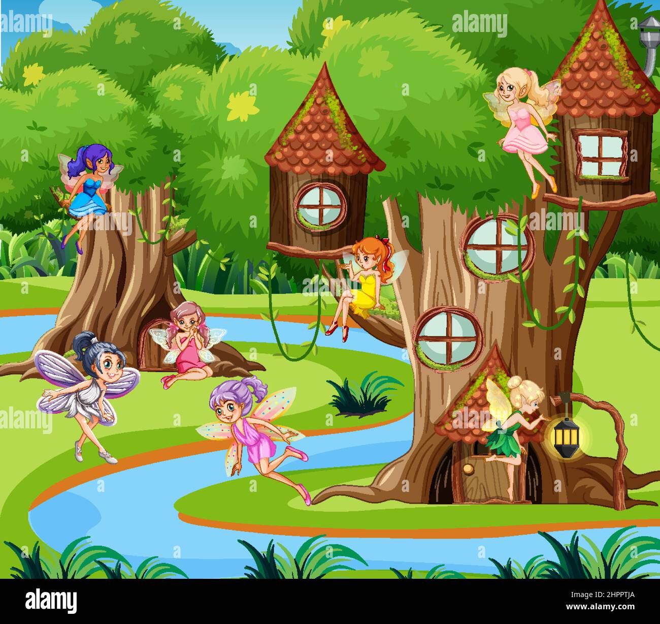 Forêt de fantaisie avec illustration de fées mignons Illustration de Vecteur