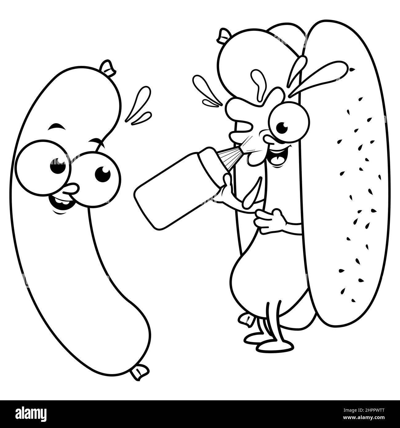 Saucisse de dessin animé et hot dog éclaboussant avec de la moutarde. Page de couleur noir et blanc Banque D'Images