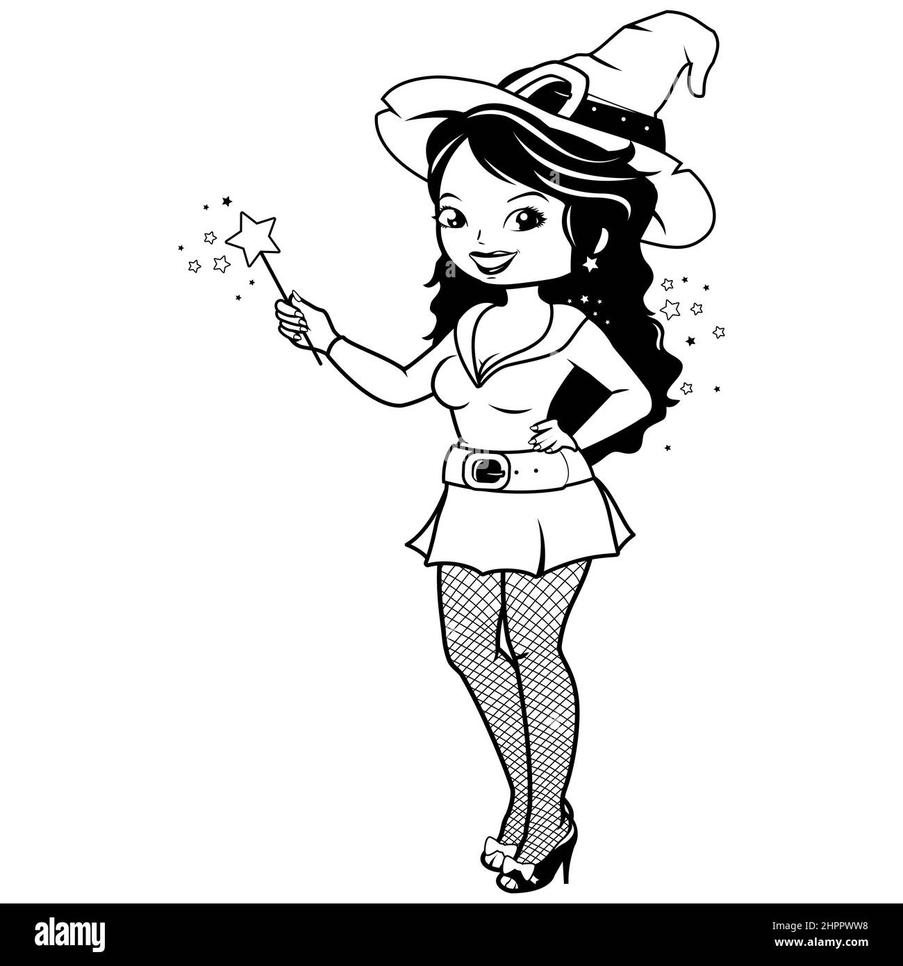 Une belle sorcière tenant sa baguette magique le soir d'Halloween. Page de couleur noir et blanc Banque D'Images