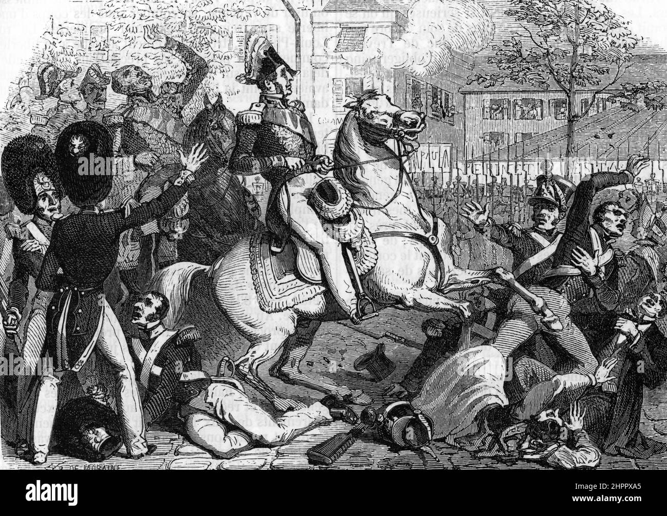 'La machine infernale interprétation par Giuseppe Fieschi et le droguiste Pepin en 1835, a l'occasion d'un attentat contre le roi Louis-Philippe au 50 boulevard du Temple a paris' (Machine infernale construite par Giuseppe Marco Fieschi et utilisée dans la tentative infructueuse d'assassinat de Fieschi sur le roi Louis Philippe I de France le 28 juillet 1835) Gravure tiree de 'causes celebres de tous les clochers' de Fouquier 1858 Collection privee Banque D'Images