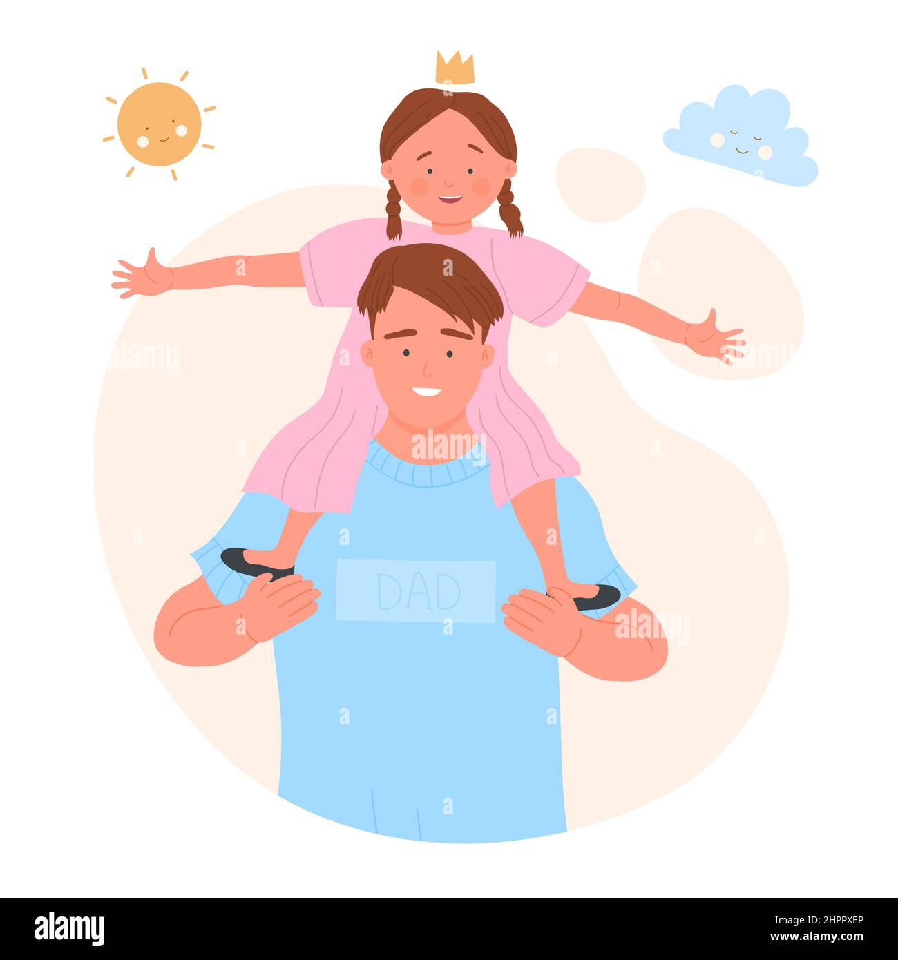 Bonne fille assise sur le cou de papa souriant. Passer de beaux moments en famille ensemble, fille assise sur les épaules illustration vectorielle plate Illustration de Vecteur