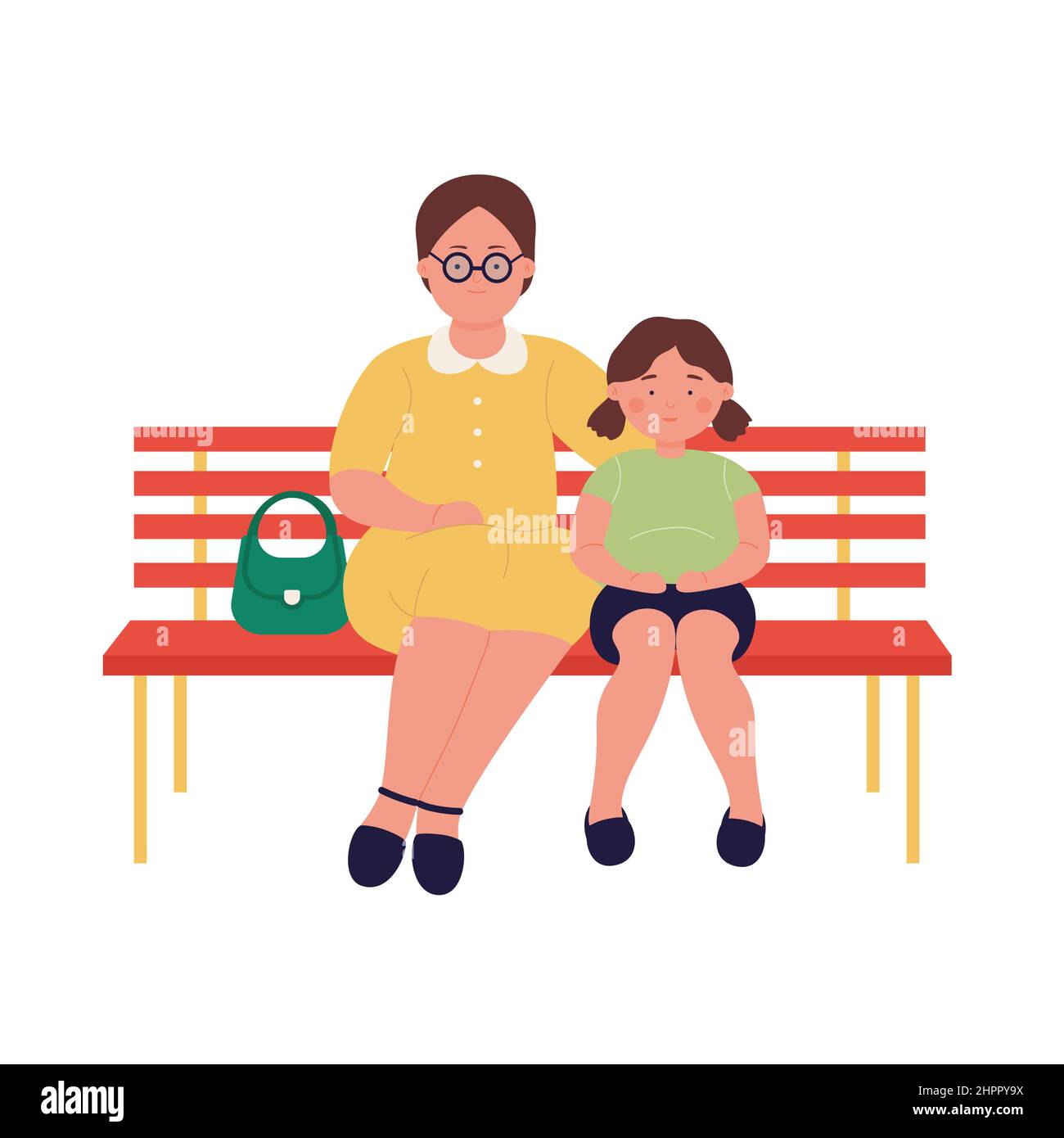Mère avec sa fille assise sur un banc en bois. Famille passant du temps dehors ensemble dessin animé illustration vectorielle Illustration de Vecteur