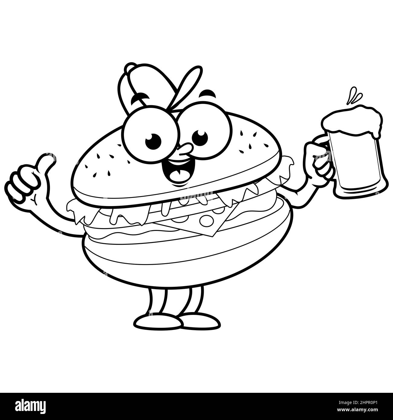 Personnage de dessin animé de hamburger buvant une bière. Page de couleur noir et blanc Banque D'Images