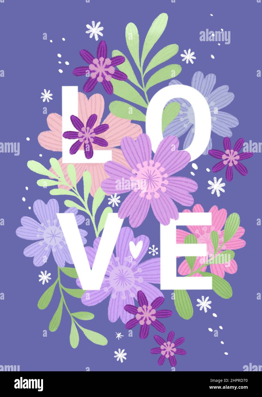 Affiche A4 motif floral tendance avec l'inscription AMOUR dans la couleur lavande très péri. Carte de vœux ou invitation parfaite. Banque D'Images
