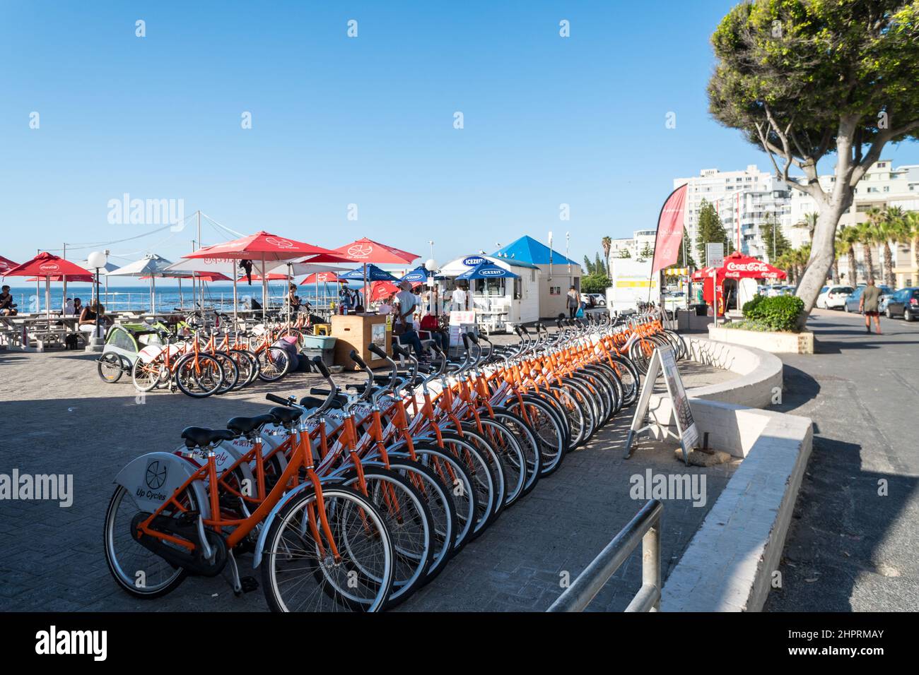 Location de vélos, louer un vélo, une rangée de cycles alignés sur une route en bord de mer à Sea point, le Cap, l'Afrique du Sud concept d'activités de loisirs ou de loisirs Banque D'Images