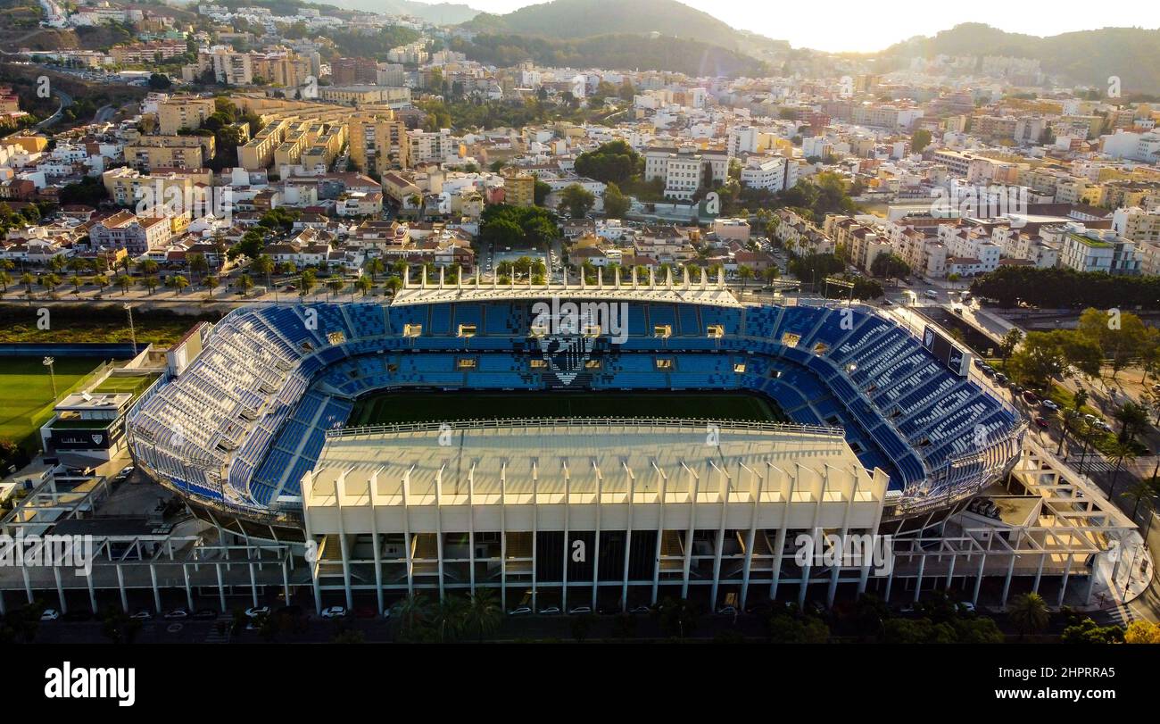 Vue aérienne du stade la Rosaleda, stade de Málaga CF. Banque D'Images