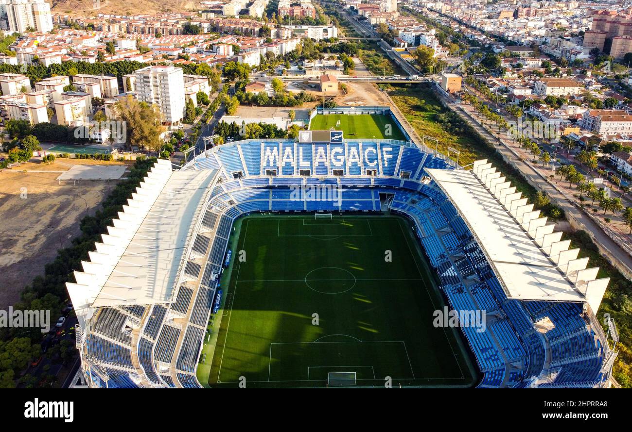 Vue aérienne du stade la Rosaleda, stade de Málaga CF. Banque D'Images