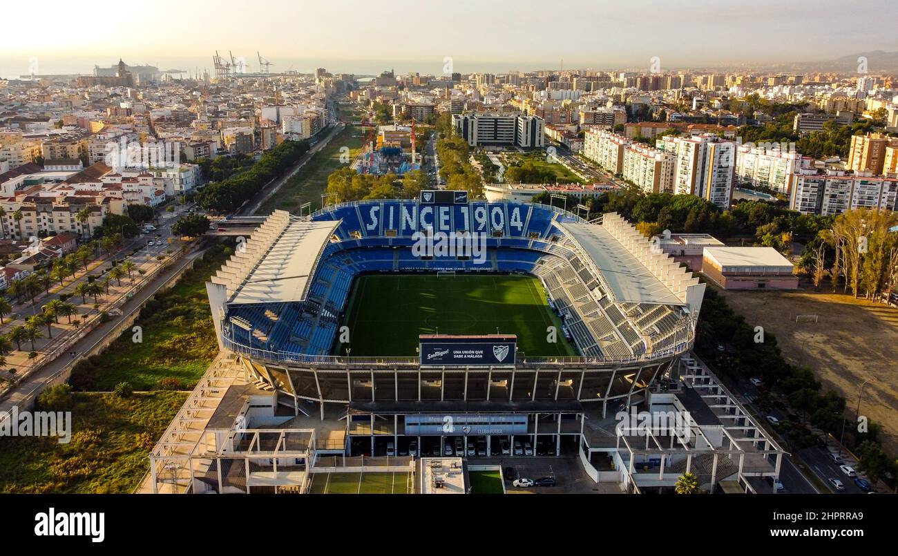 Vue aérienne du stade la Rosaleda, stade de Málaga CF. Banque D'Images