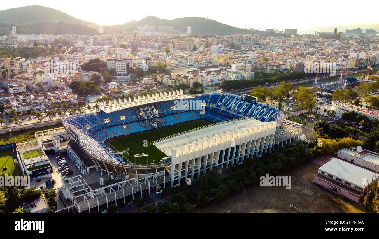 Vue aérienne du stade la Rosaleda, stade de Málaga CF. Banque D'Images
