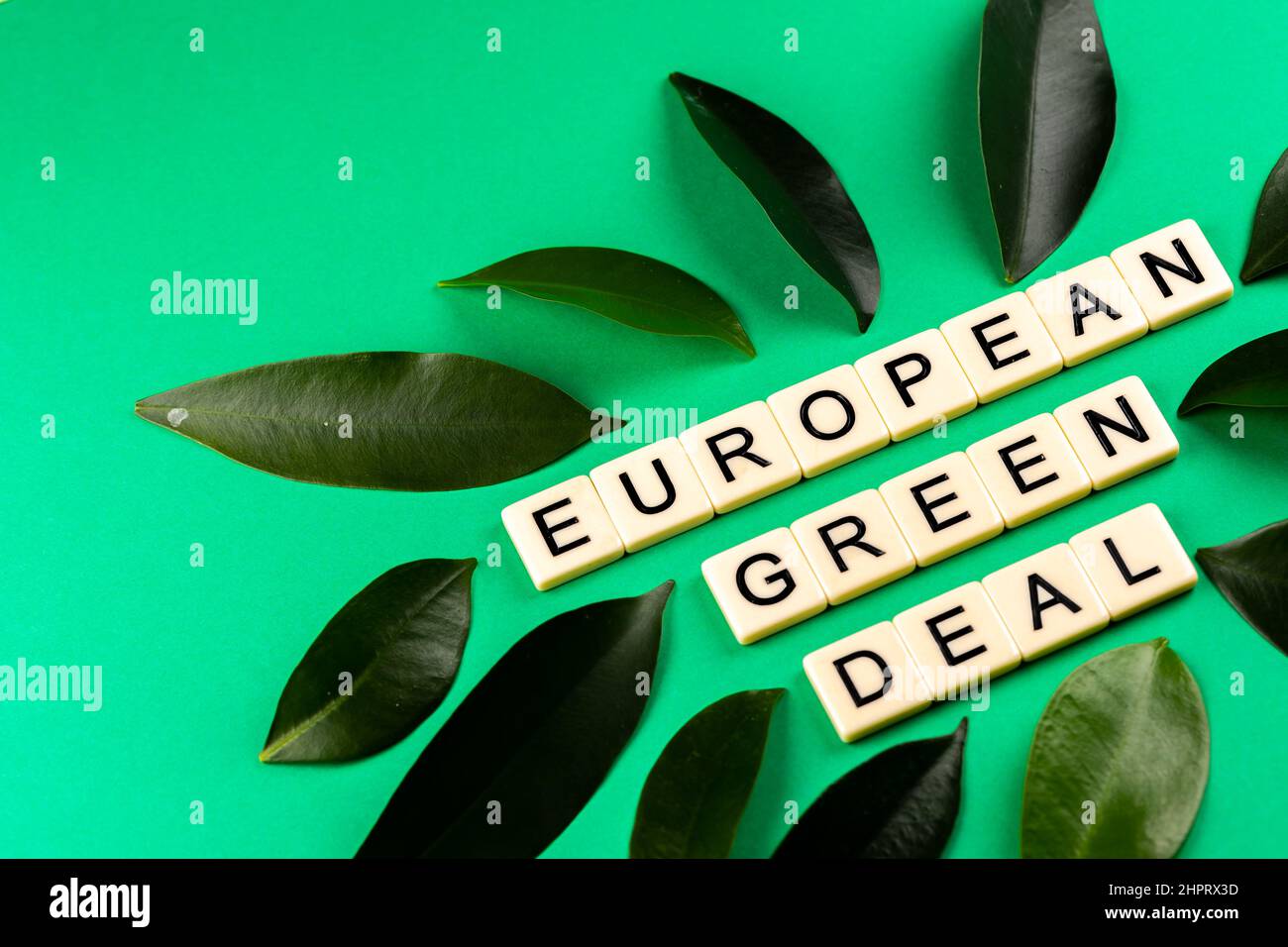 Phrase 'European Green Deal' composée de lettres placées sur fond vert avec des laves vertes. Photo prise sous une lumière artificielle douce Banque D'Images