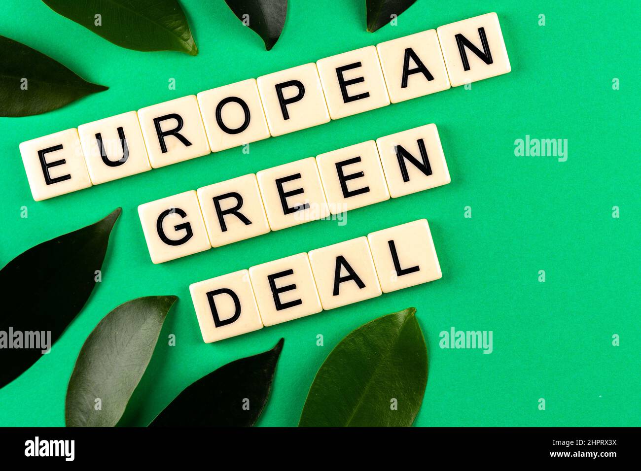 Phrase 'European Green Deal' composée de lettres placées sur fond vert avec des laves vertes. Photo prise sous une lumière artificielle douce Banque D'Images