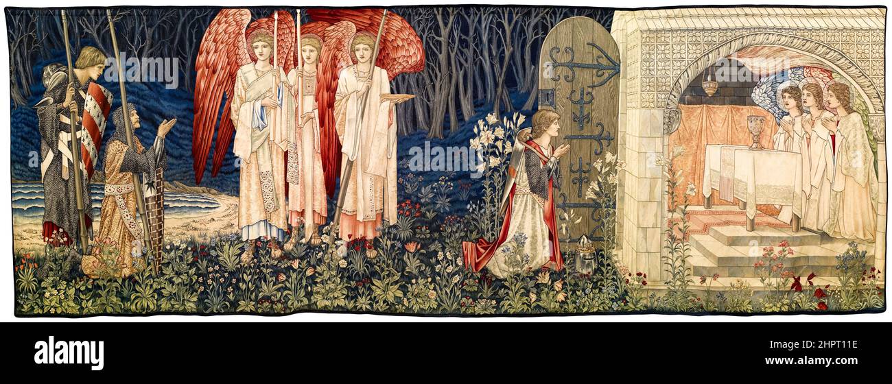 Quête pour les tapisseries du Saint Graal: Panel 6 - la réalisation, la vision du Saint Graal à Sir Galahad, Sir Bors, et Sir Percival, tapisserie du mouvement artistique et artisanal de Sir Edward Coley Burne-Jones, William Morris et John Henry Dearle, 1895-1896 Banque D'Images