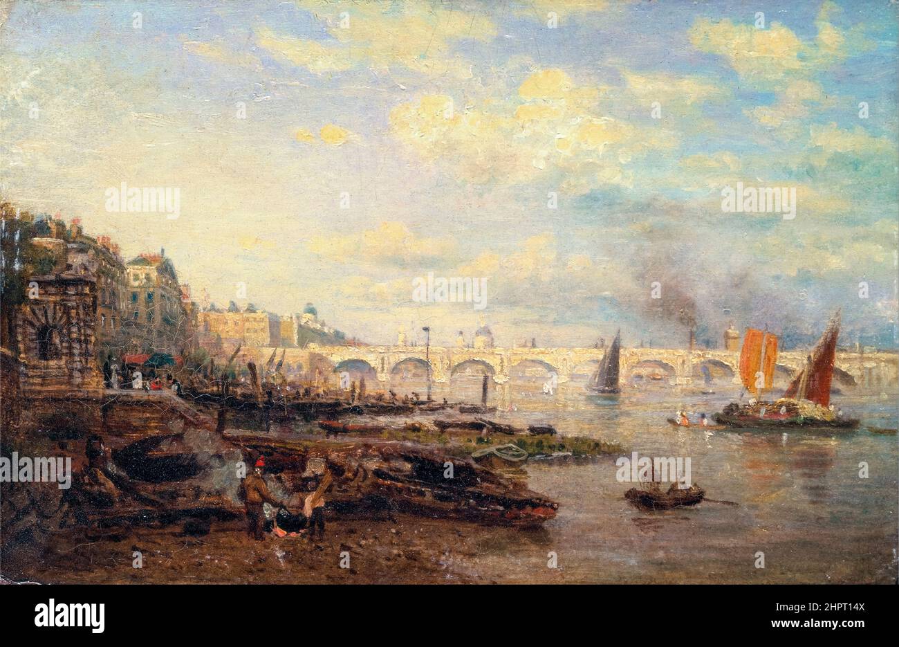 Frederick Nash, la Tamise et Waterloo Bridge de Somerset House, peinture de paysage à l'huile sur tableau d'artistes, vers 1825 Banque D'Images