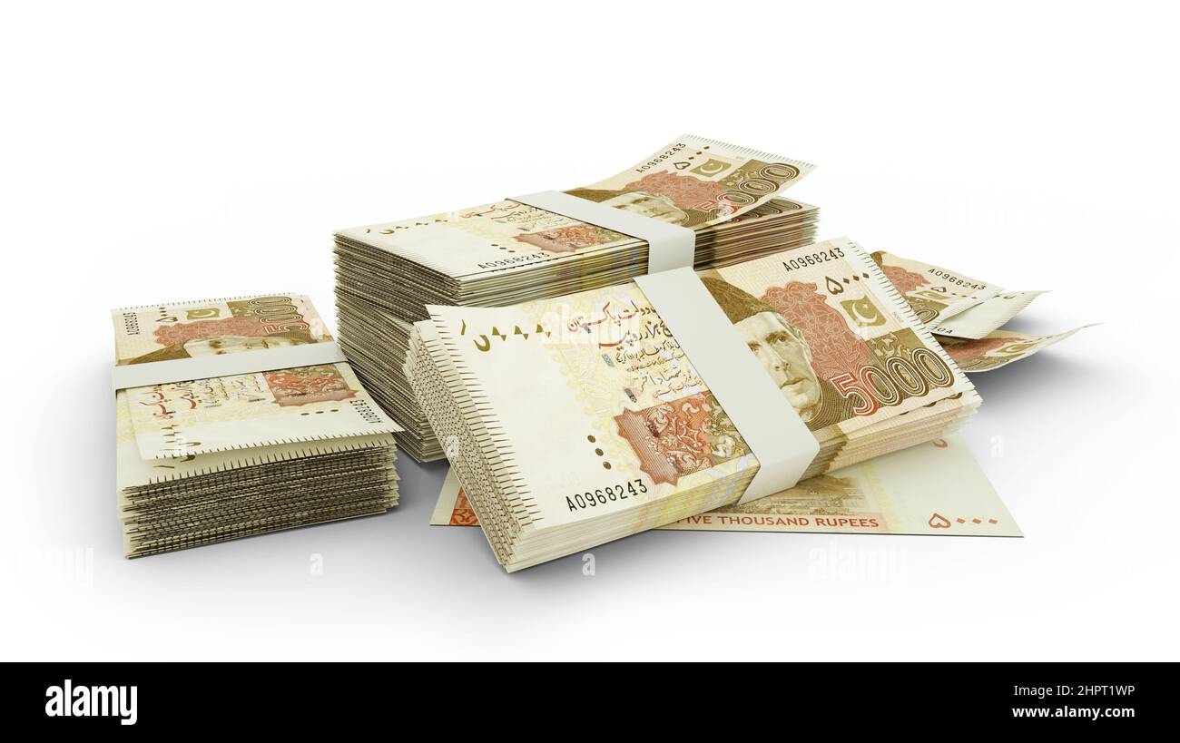 Rendu 3d de pile de notes de 5000 roupies pakistanaises. Liasses de billets pakistanais isolés sur fond blanc Banque D'Images