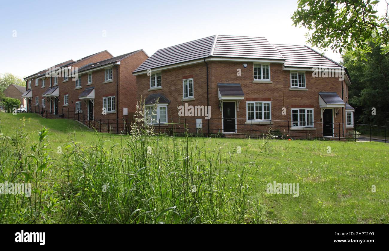 Zone verte laissée devant de nouvelles maisons modernes dans un projet immobilier, Birmingham, Royaume-Uni Banque D'Images