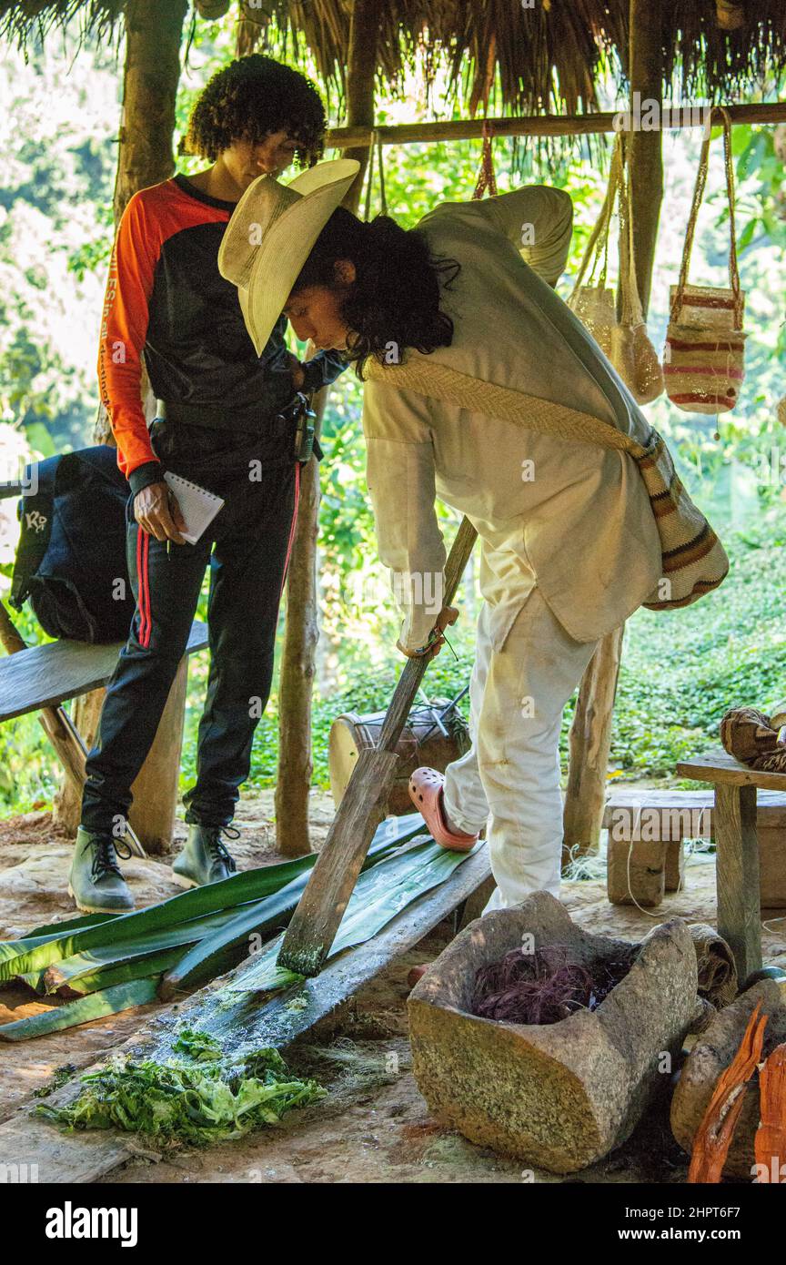 Une démonstration par des populations indigènes de Kogi à un groupe de tournée dans la Sierra Nevada de Santa Marta en Colombie Banque D'Images