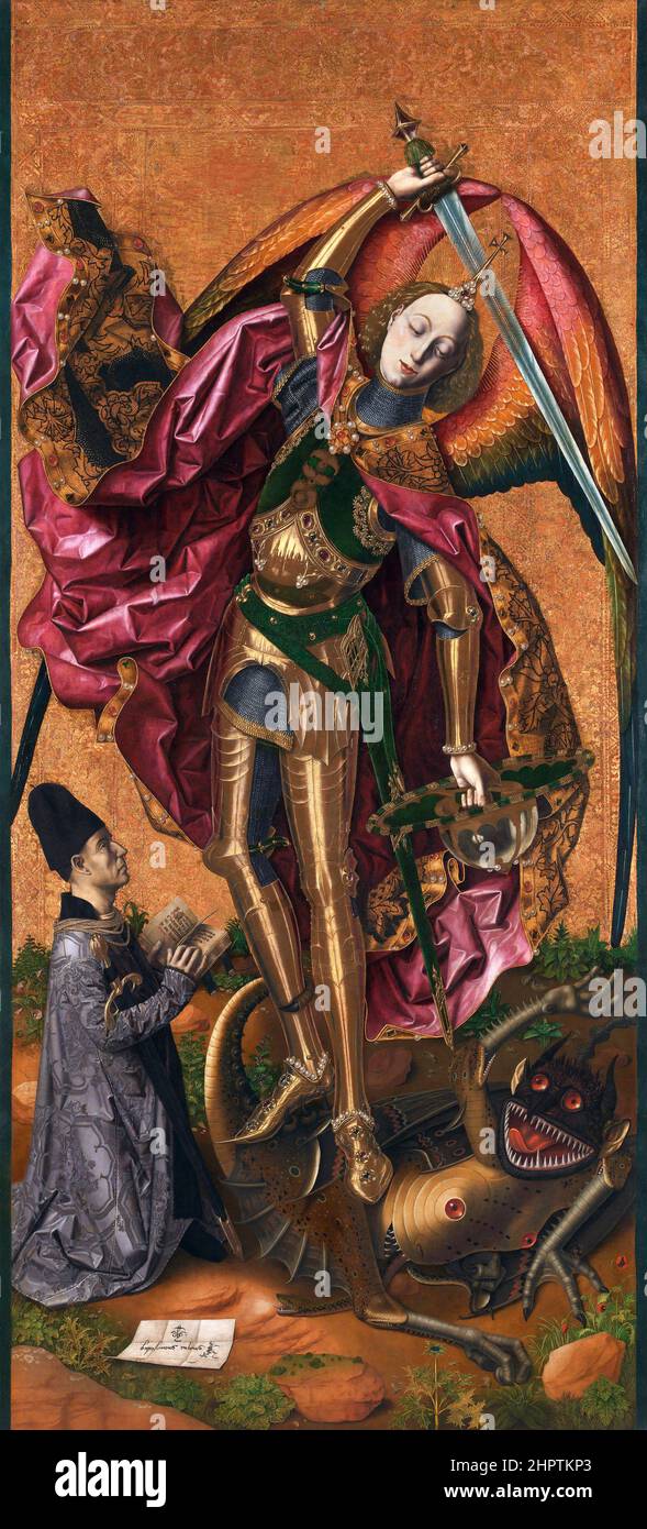 Saint Michael triomphe sur le diable par l'artiste espagnol Bartolomé Bermejo (c. 1440 – c.1501), huile et or sur bois, 1468 Banque D'Images