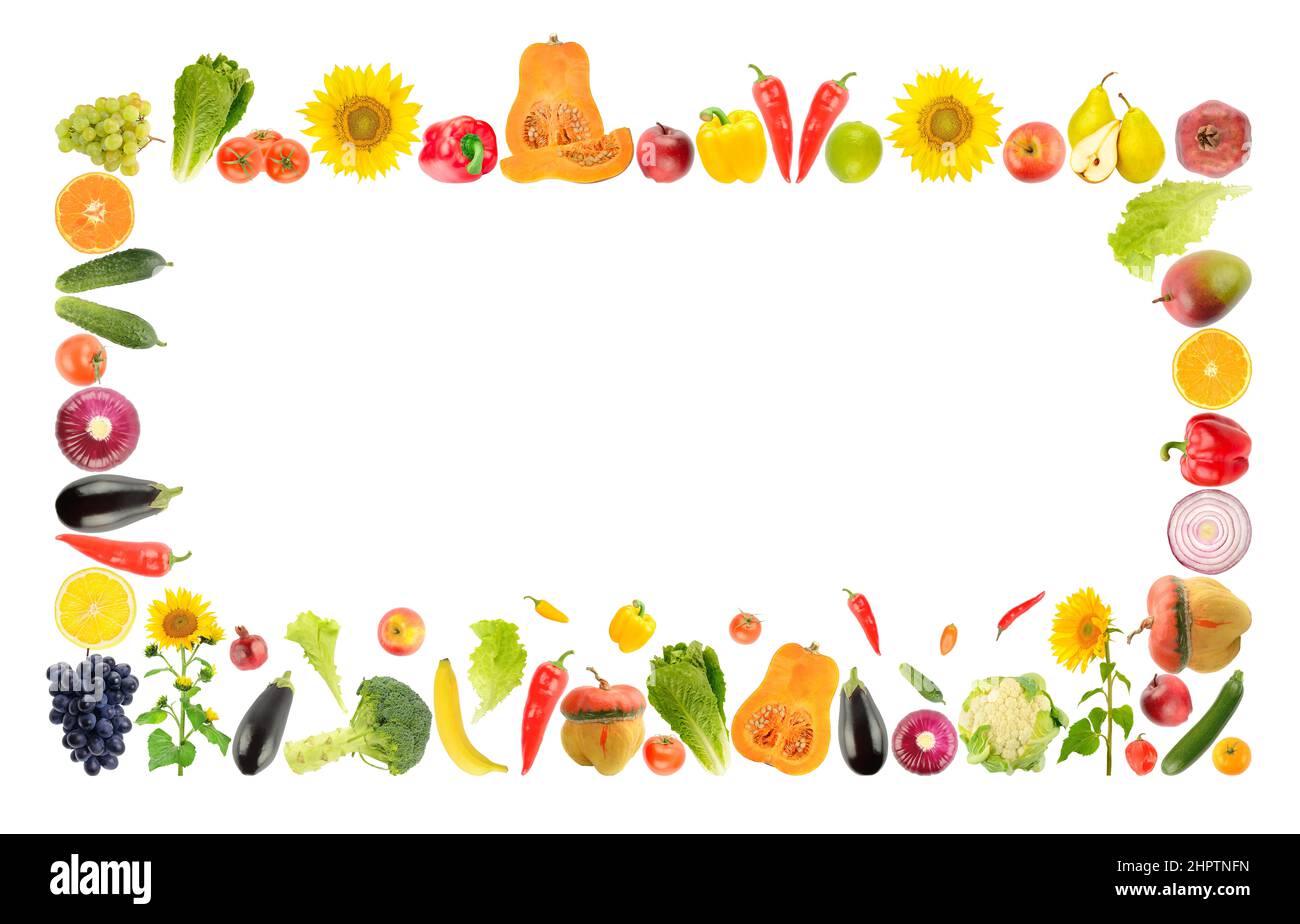 Grand cadre lumineux de fruits et légumes frais isolé sur fond blanc. Banque D'Images