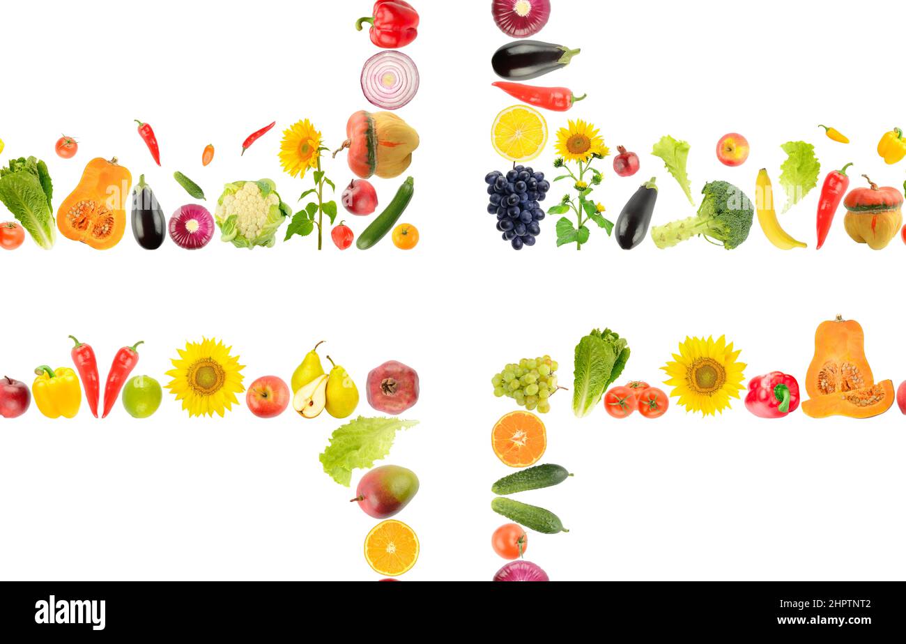 Grand motif lumineux sans couture fruits sains, légumes, baies isolés sur fond blanc. Banque D'Images