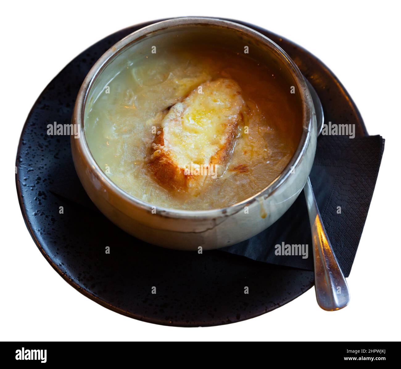 Gratin de soupe à l'oignon servi avec un morceau de croûton et de fromage Banque D'Images