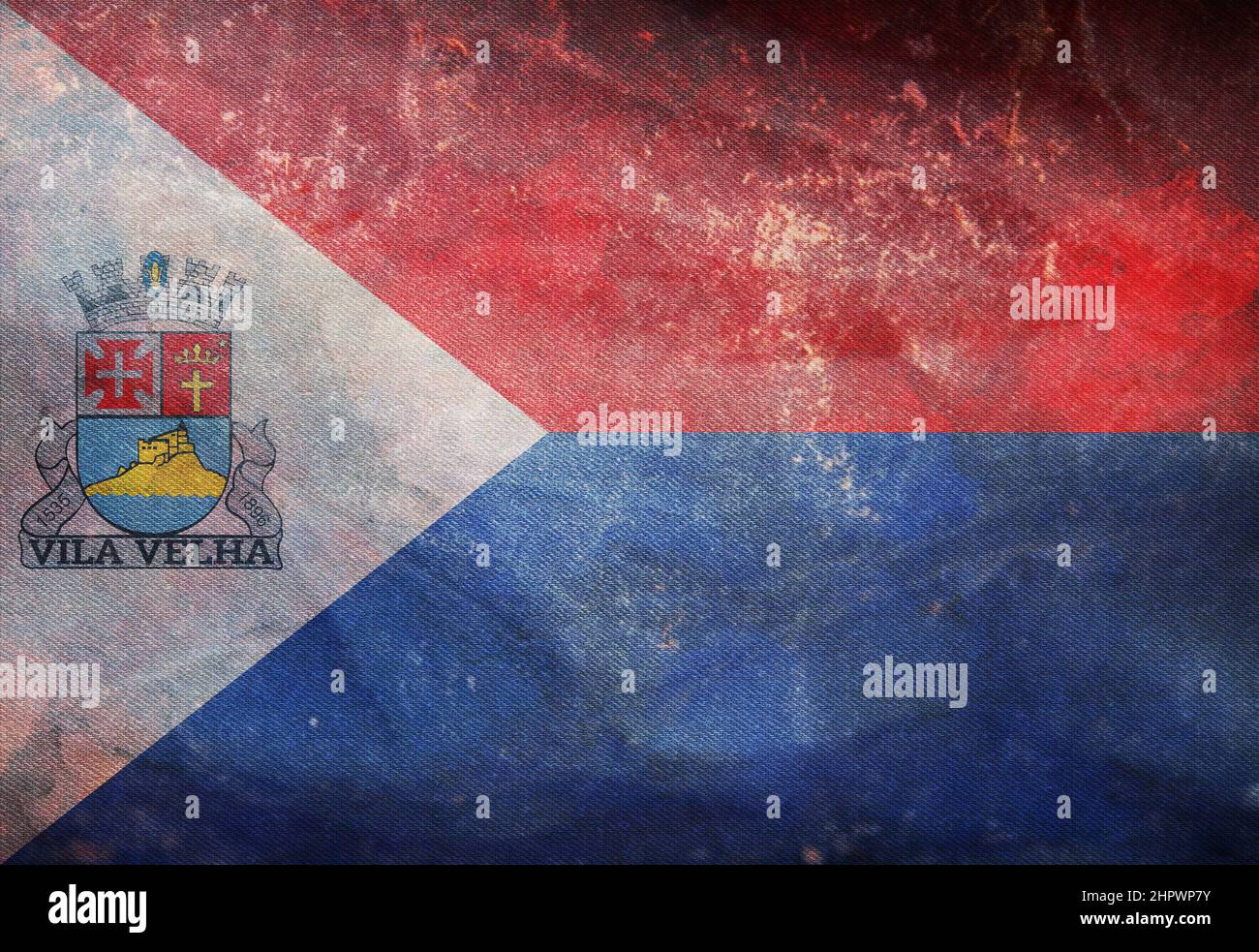 Vue de dessus du drapeau rétro Vila Velha Espirito Santo , Brésil avec texture grunge. Patriote brésilien et concept de voyage. Pas de mât. Conception de plan, présentation Banque D'Images
