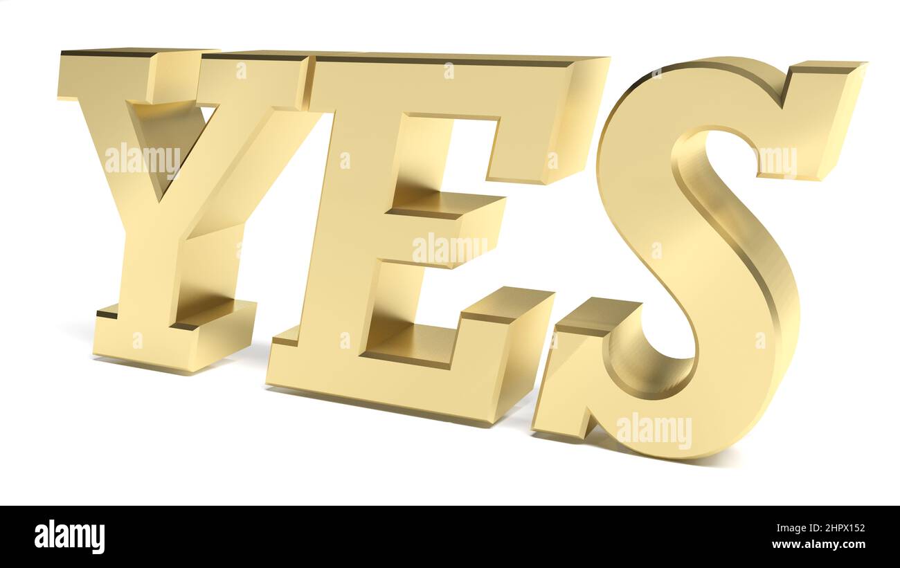 OUI, écriture dorée sur fond blanc - illustration de rendu 3D Banque D'Images