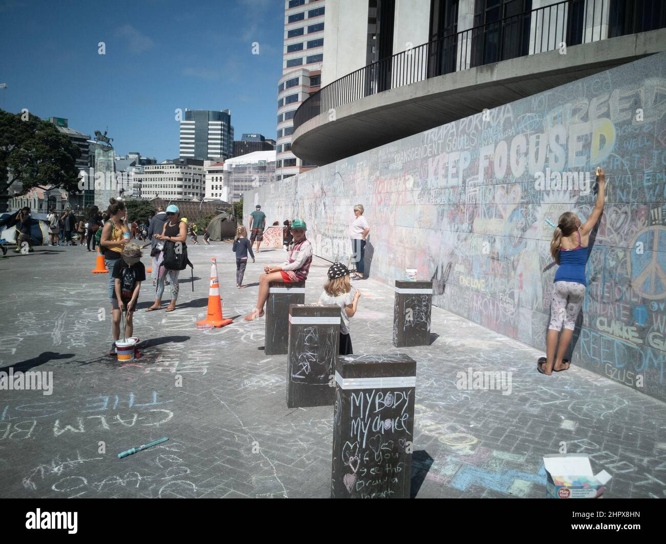 Les enfants et les adultes devant le mur de la liberté lors du vaccin contre le covid mandate une manifestation, sur le site du Parlement à Wellington, en Nouvelle-Zélande. 24 février 2022 Banque D'Images