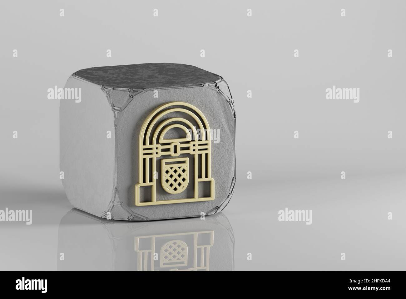 Icône du juke-box vintage. De magnifiques symboles de musique Golden sur un cube de beton et un fond en céramique blanche. 3d illustration du rendu. Motif d'arrière-plan Banque D'Images