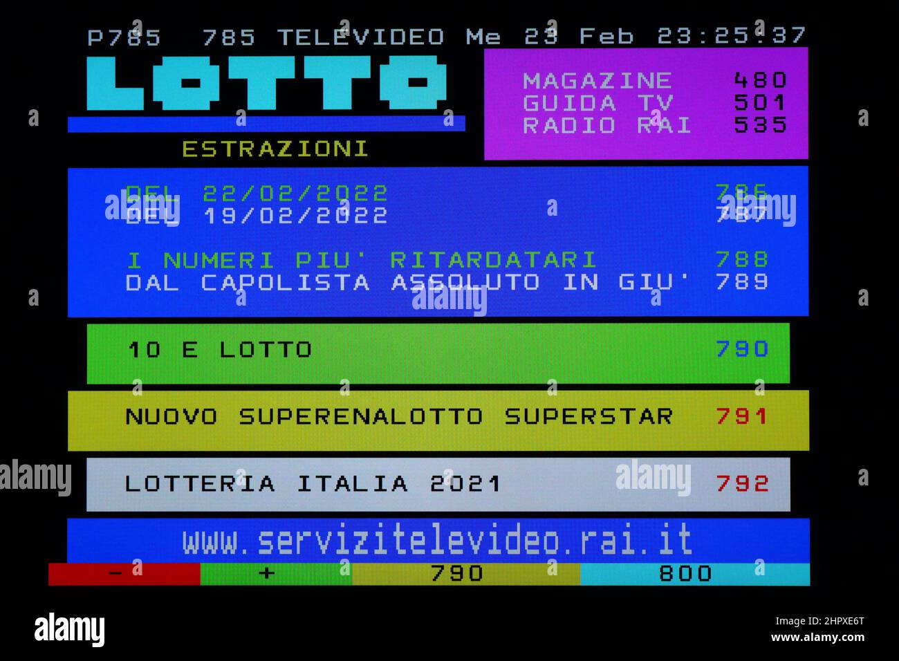 Affichage TÉLÉTEXTE d'une page Televideo RAI, émission publique italienne. Photo originale avec écran graphique simple d'une couleur de téléviseur vintage Banque D'Images