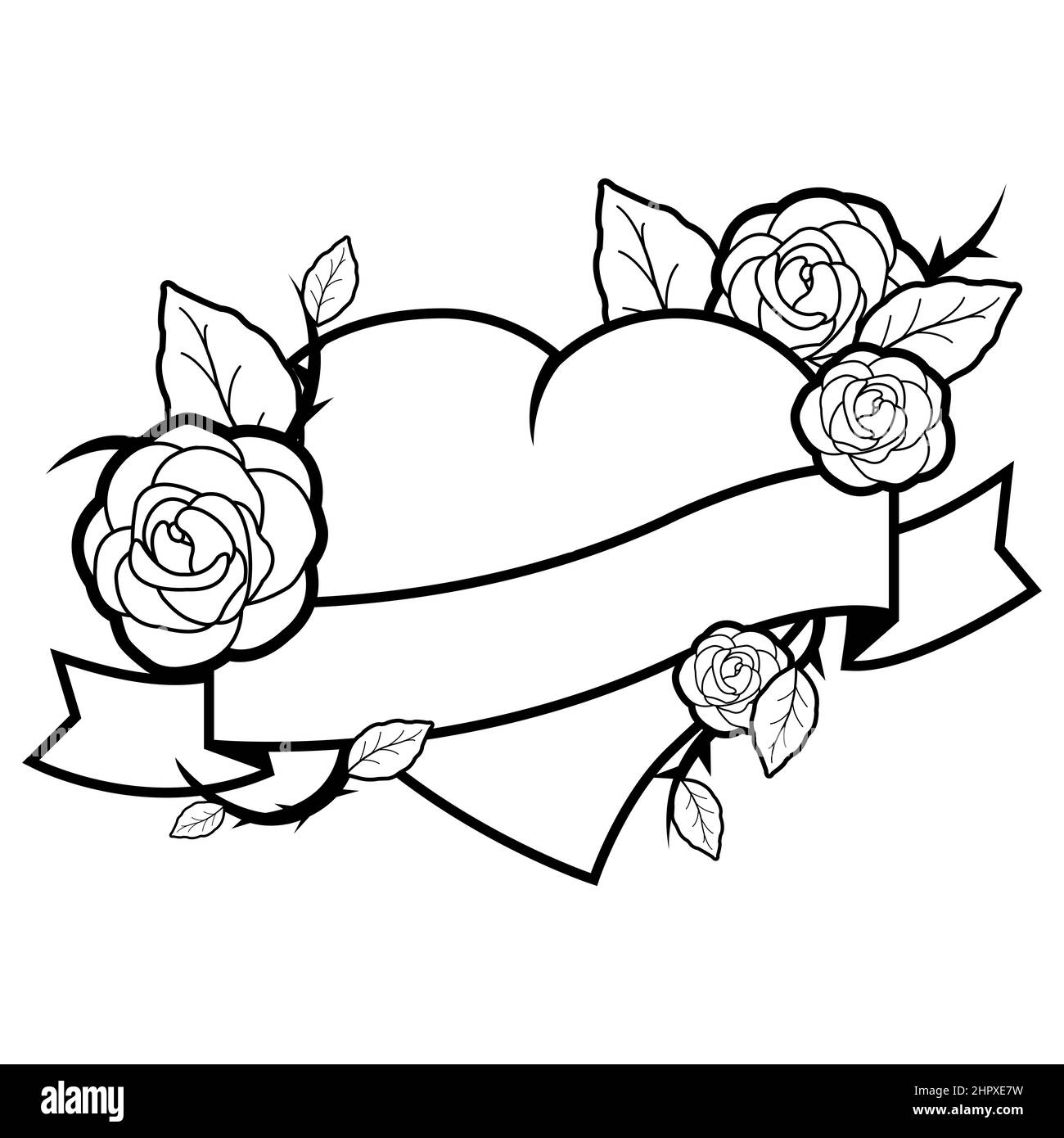 Bannière vierge avec coeur et roses. Page de couleur noir et blanc Banque D'Images