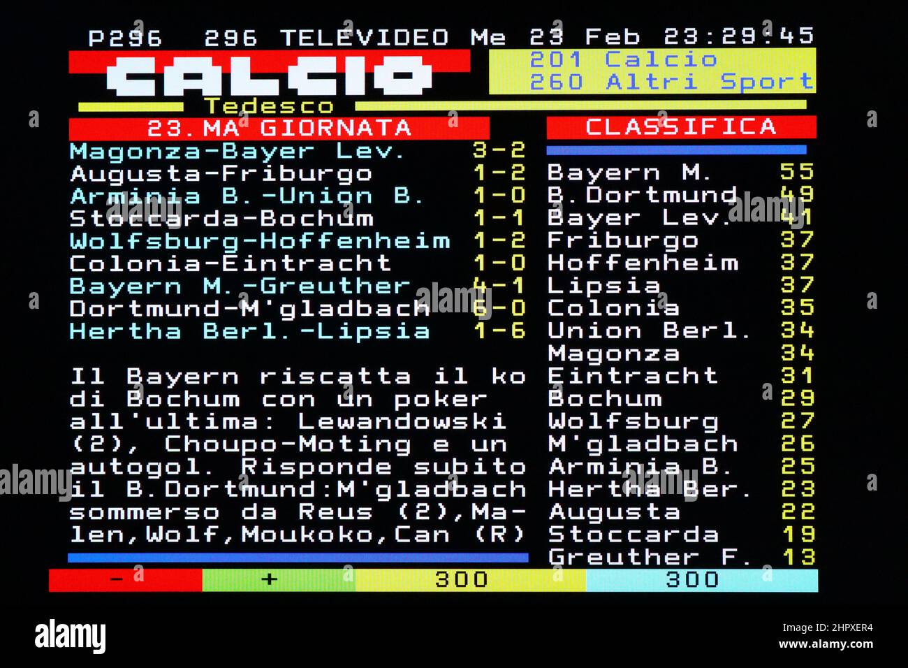 Affichage TÉLÉTEXTE d'une page Televideo RAI, émission publique italienne. Photo originale avec écran graphique simple d'une couleur de téléviseur vintage Banque D'Images