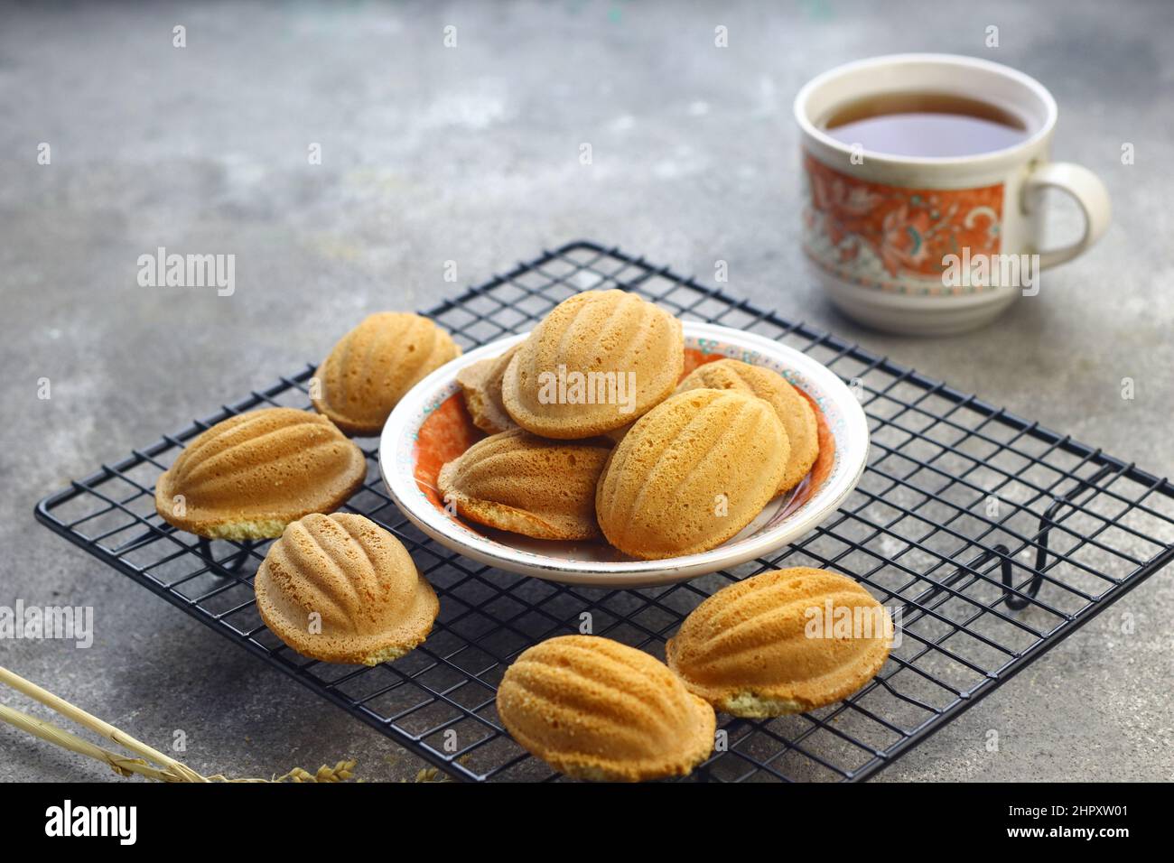 Bolu kering jadul ou mini gâteau éponge, traditionnel vieux gâteau éponge sur fond gris granuleux. Concept du temps de thé. Mise au point sélective. Banque D'Images