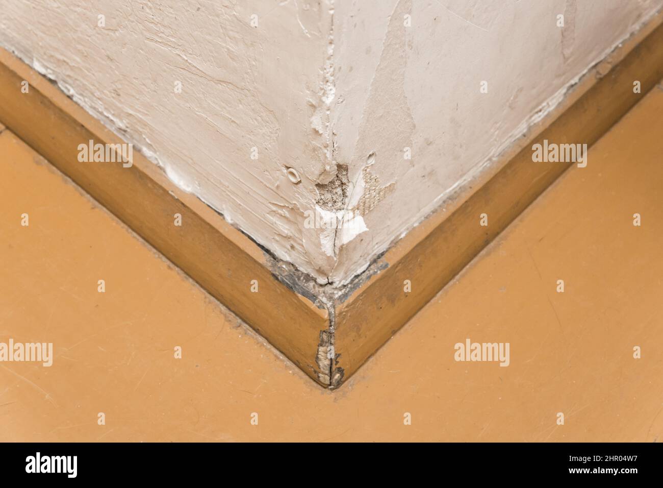 Un clou de cheville est un bâtiment de fixation dans un mur de ciment blanc. Réparation de l'angle de joint d'angle à côté du plancher de plinthe en bois du plancher de la c Banque D'Images