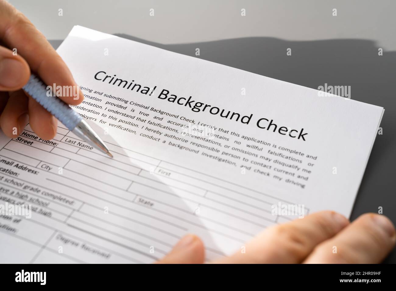 Remplissage de la vérification des antécédents criminels Formulaire de demande Banque D'Images