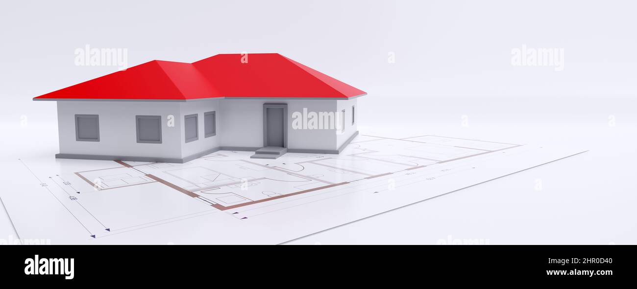 Architecte Ingénieur, concept de conception de construction. Modèle de construction de maison avec toit rouge sur plan directeur, espace de copie. Dessin d'architecture. 3d rendu Banque D'Images
