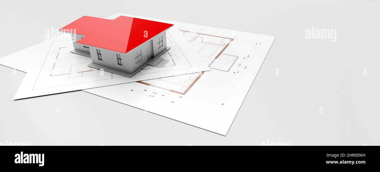 Architecte Ingénieur, concept de conception de construction. Modèle de construction de maison avec toit rouge sur plan directeur, espace de copie. Dessin d'architecture. 3d rendu Banque D'Images