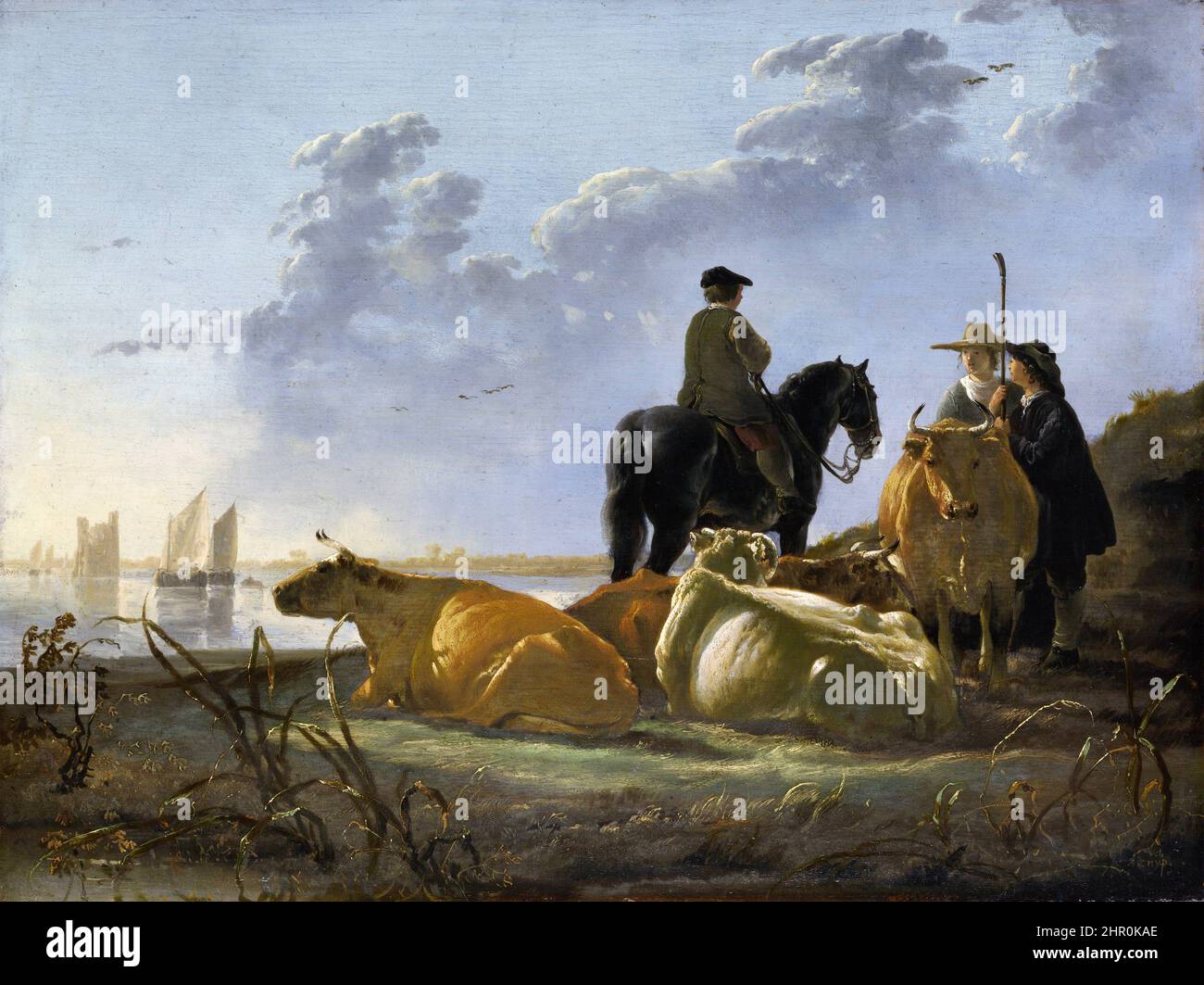 Aelbert Cuyp. Peinture intitulée 'paysans et bétail par la rivière Merwede' par le peintre néerlandais de l'âge d'or, Aelbert Jacobszoon Cuyp (1620-1691), huile sur chêne, 1658-60 Banque D'Images