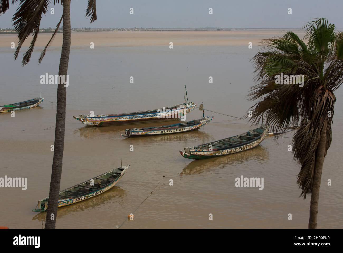 Les pirogues accostent le long de la côte du fleuve Sénégal à Saint Louis, Sénégal, Afrique de l'Ouest. Banque D'Images