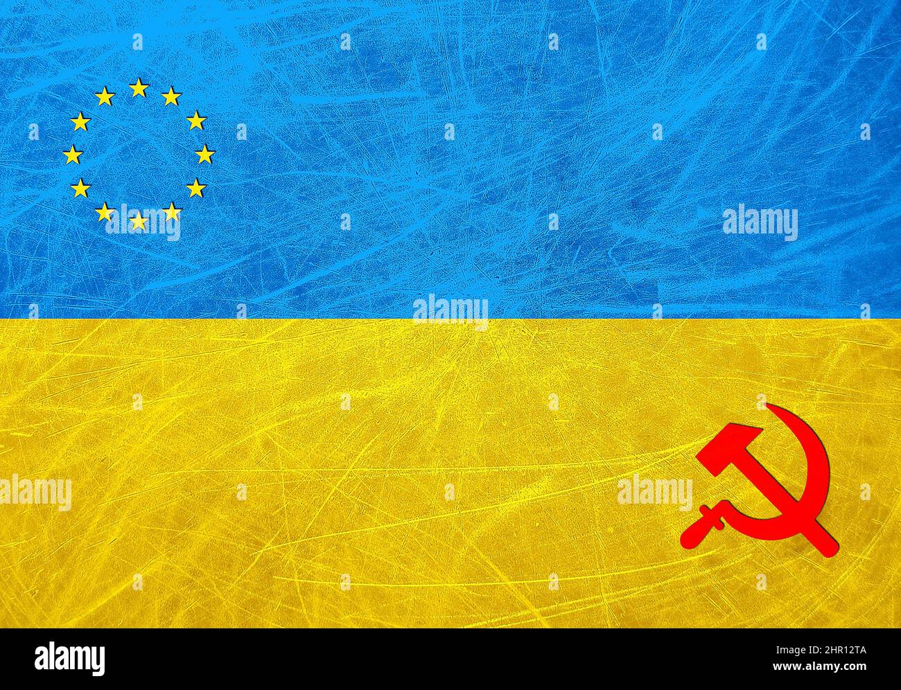 Un drapeau grunge de l'Ukraine avec les symboles de l'Union européenne et de la Russie. Le concept de l'invasion russe Banque D'Images